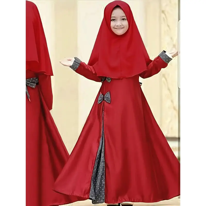 Eid Al-Adha 2pcs Trendy Girls Splicing Bow Decor Crew Neck Long Sleeve Abaya Dress + Hijab Set For Pray Party Gift
