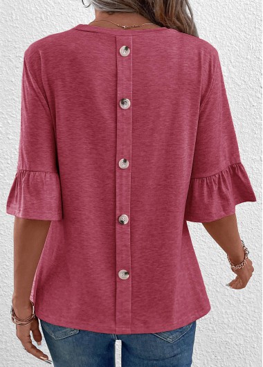 Modlily Coral Button Half Sleeve Round Neck T Shirt - XXL