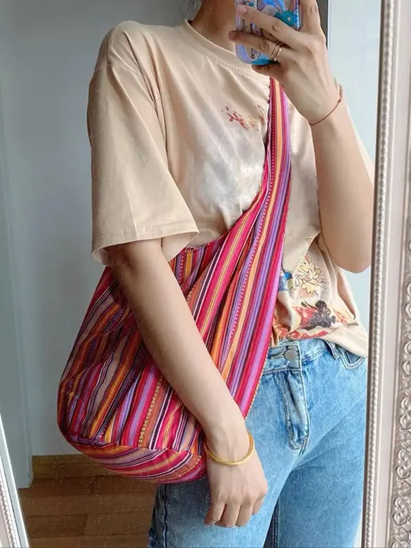Summer Ethnic Striped Pattern/plain Knot Design Tote Bag, Boho Style Large Capacity Shoulder Bag, Trendy All-match Bag for Da...