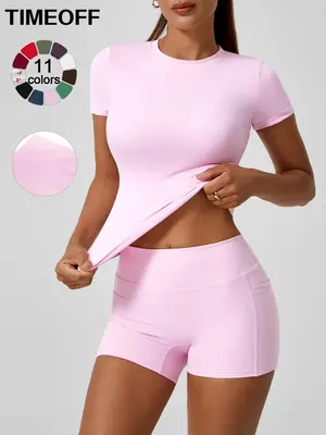 TIMEOFF Two-piece Set Women's Patchwork Soft Brushed Fabric Small Round Neck Slim Fit Short Sleeved Tight Shorts Yoga Suit Se...