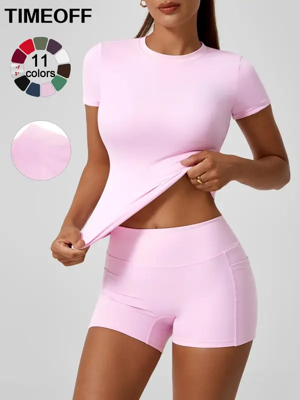 TIMEOFF Two-piece Set Women's Patchwork Soft Brushed Fabric Small Round Neck Slim Fit Short Sleeved Tight Shorts Yoga Suit Se...