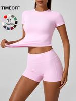Timeoff Two-piece Yoga Clothes Set, Women's Soft Round Neck Slim Fit Short Sleeved Tight Shorts Yoga Suit Set Summer Outdoor ...