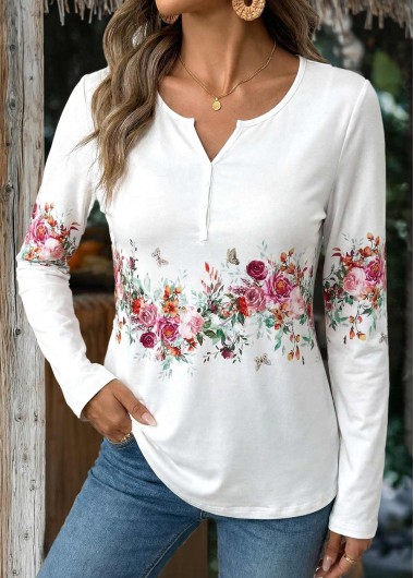 Modlily White Button Floral Print Long Sleeve T Shirt - XL