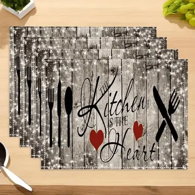 Rustic Wooden Kitchen Placemat, 1/2/4/6/8/12pcs Heart & Letter Pattern Kitchen Placemat, Rectangular Table Mat, Home & Dining...