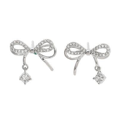 Left and Right Bowknot Brass Micro Pave Clear Cubic Zirconia Stud Earrings