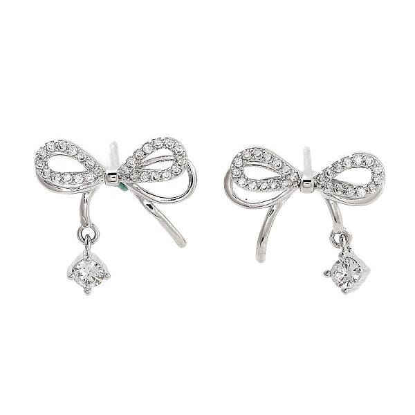 Left and Right Bowknot Brass Micro Pave Clear Cubic Zirconia Stud Earrings