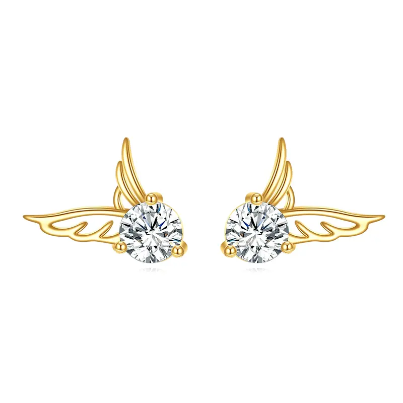 14K Gold Circular Shaped Cubic Zirconia Angel Wing Stud Earrings