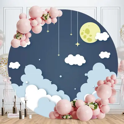 Cloud And Moonnight Simple Round Baby Shower Backdrop - Aperturee