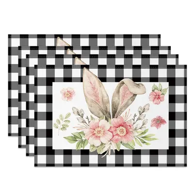Aperturee Black Plaid Bunny Ear Floral Easter Set Of 4 Placemats, 14x12 Inch, 15.8 USD, NYLX00519-S, placemats