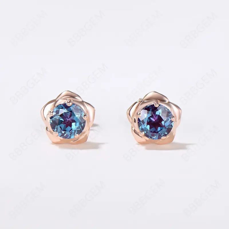 Rose Gold Flower Stud Earrings Round Cut Alexandrite Earrings