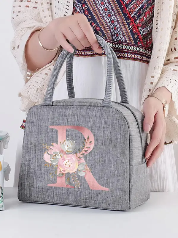 Fashionable Letter & Floral Pattern Lunch Bag, Insulated Lunch Bag, Insulation Bento Pack, Portable Student Lunch Handbag, Th...