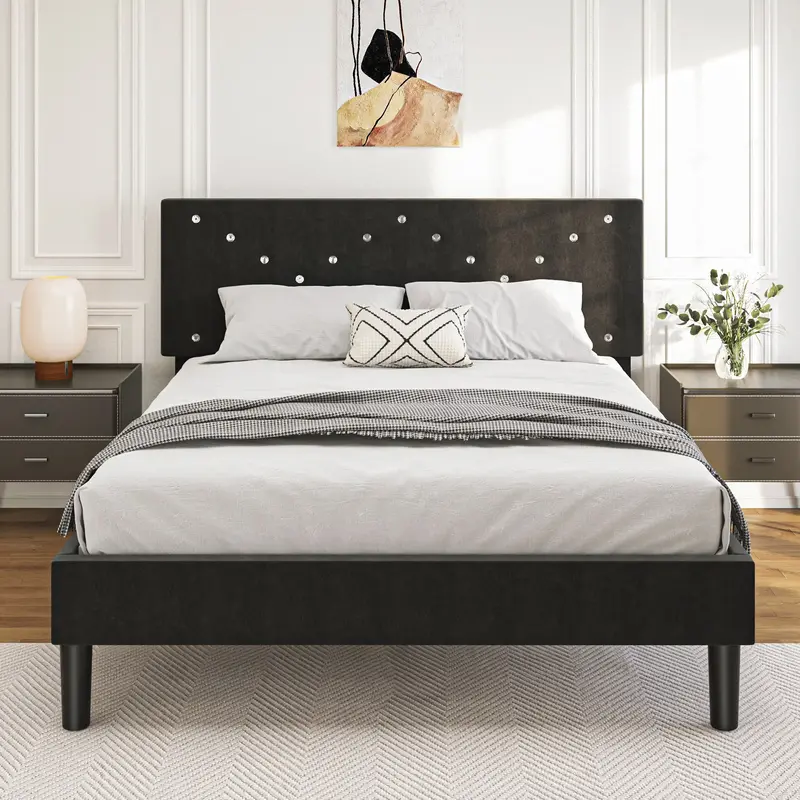 Upholstered Platform Bed Frame with Headboard, Noise Free Bed Frame with Wood Slats, Button Tufted, No Box Spring Needed Eleg...