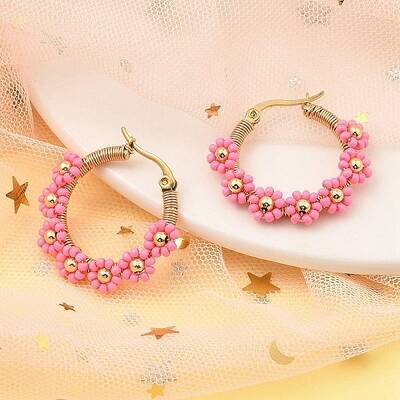 304 Stainless Steel & Bohemian Beaded Flower Hoop Earrings for Women