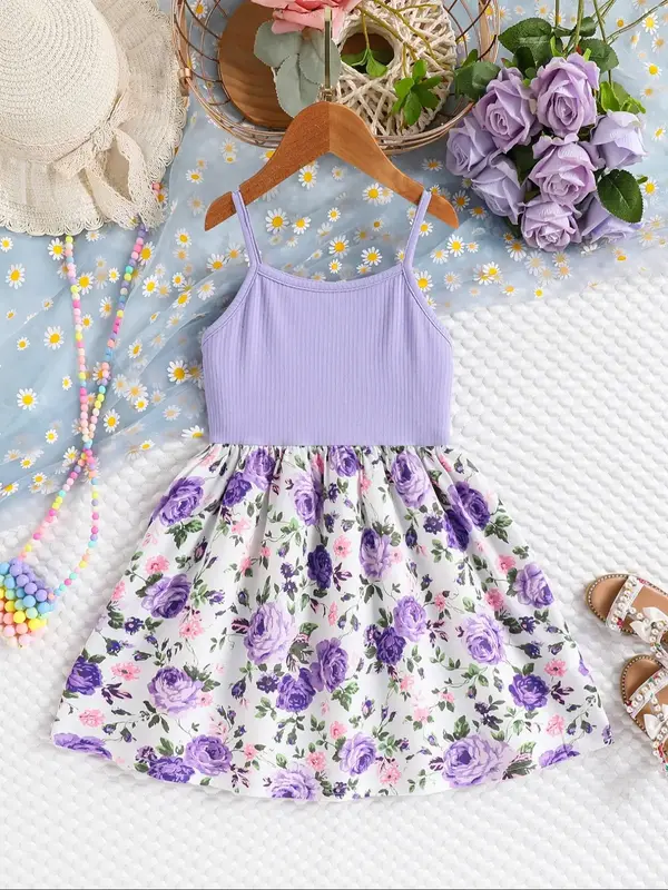 Toddler Girl's Ditsy Floral Print Crop Tank Top Cami Dress, Casual Sleeveless Spaghetti Strap Dress for Summer, Kids Clothes ...