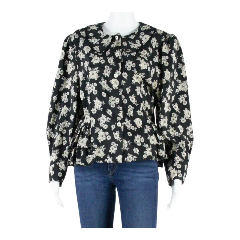 Womens Smock Blouse Black Long Sleeve Floral S