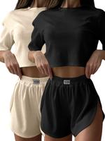 Women's Solid Color Ribbed Short Sleeve Tee & Letter Patched Split Hem Shorts Pajama Set, Casual Comfy Round Neck Crop Top & ...