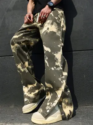 Menswear Loose Camo/Tree Print Drawstring Waist Pants, Casual Street Fashion Button Design Pocket Trousers for Daily Wear,...