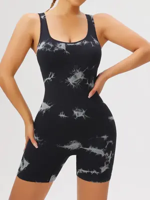Women's Tie Dye Print Backless Sports Tank Tummy Control Romper, Casual Sporty Scoop Neck Sleeveless Bodycon Romper for Yoga ...