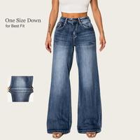 【Plus Size】CANANA Women High Rise Stretch Wide Leg Baggy Jeans-Dark Wash | Flared Fashion Casual Denim '90s Pants Go With...