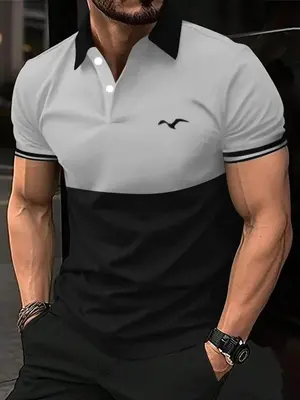 Men's Patchwork Eagle Print Short Sleeve Polo Shirts, Regular Fit Casual Streetwear Button Front Collared Top, Fashion Men's ...