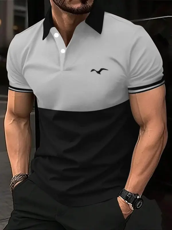 Men's Patchwork Eagle Print Short Sleeve Polo Shirts, Regular Fit Casual Streetwear Button Front Collared Top, Fashion Men's ...