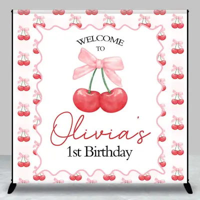 Aperturee Cherry Bow Tie Custom Name 1st Birthday Backdrop, 3X3FT(1X1M), 15 USD, custom birthday backdrops, DZYM0Z15-O