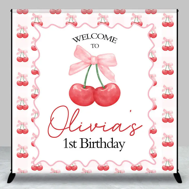 Aperturee Cherry Bow Tie Custom Name 1st Birthday Backdrop, 3X3FT(1X1M), 15 USD, custom birthday backdrops, DZYM0Z15-O