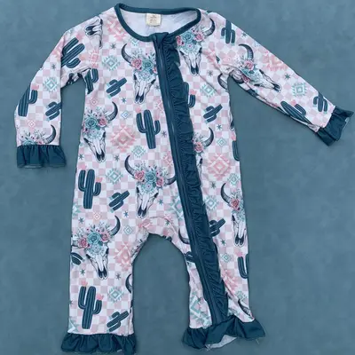 Western cactus bull skull floral baby girls zip romper