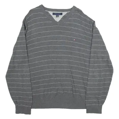 TOMMY HILFIGER Mens Patterned Jumper Grey Striped V-Neck Tight Knit XL