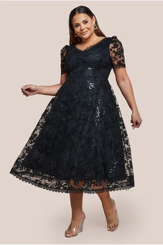 Goddiva Plus Sequin Lace Short Sleeve A-Line Midi Dress - Black