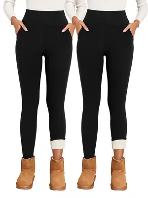 Women's Plain Pocket High Waist Thermal Lined Leggings, Casual Comfy Warm Skinny Pants for Daily Wear, Ladies Bottoms for Win...