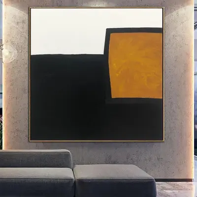 Large Original Abstract Black And White Painting On Canvas Orange Artwork Abstract Fine Art Minimalist Geometric Wall Art | F...