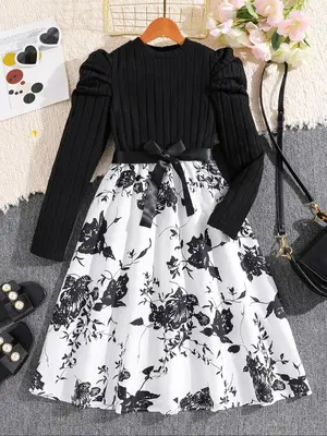 Girl's Floral Patchwork Print Belted A Line Dress, Elegant Long Sleeve Round Neck Dress for Party Holiday Wedding Guest, Kids...
