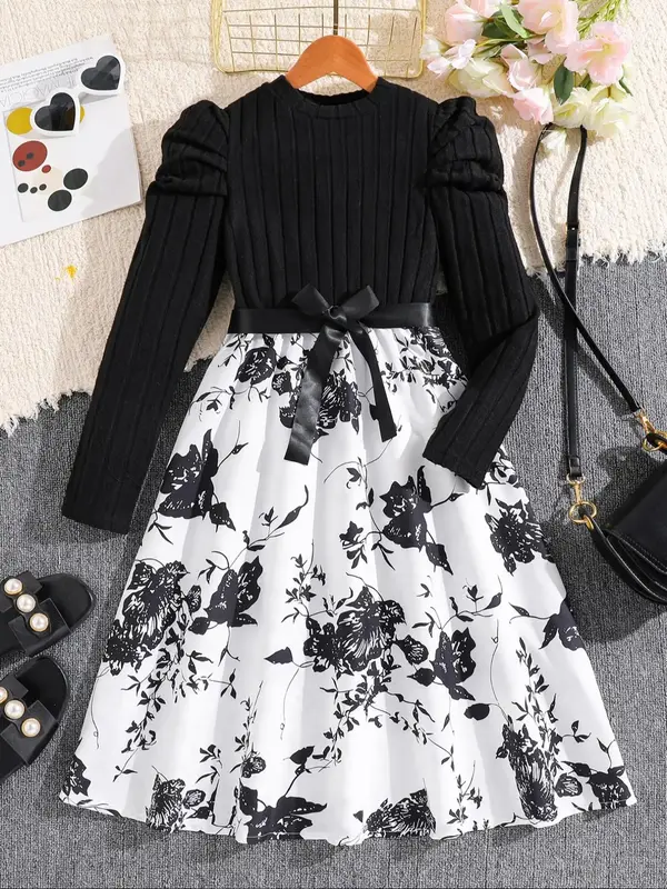 Girl's Floral Patchwork Print Belted A Line Dress, Elegant Long Sleeve Round Neck Dress for Party Holiday Wedding Guest, Kids...