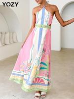 YOZY Women's Tropical Print Halter Neck Tie Back Dress, Boho Sleeveless Long Dress for Beach Vacation Holiday, Ladies Summer ...