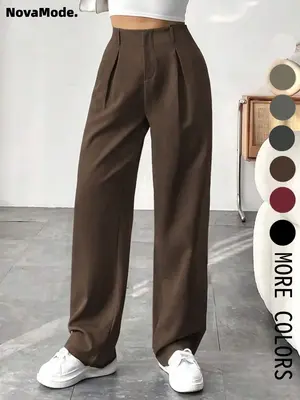 Women's Solid Color Plicated Pocket Wide Leg Pants, Elegant Zipper Fly Trousers for Work Office Business, Ladies Spring & Fal...