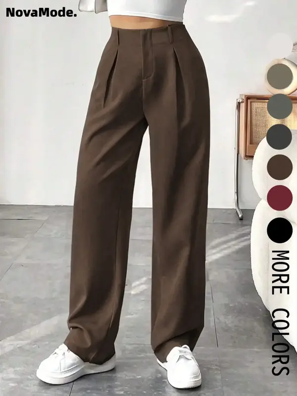 Women's Solid Color Plicated Pocket Wide Leg Pants, Elegant Zipper Fly Trousers for Work Office Business, Ladies Spring & Fal...