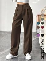Women's Solid Color Plicated Pocket Wide Leg Pants, Chic Fit Elegant Aesthetic Flattering Zipper Fly High Waist Trousers for ...