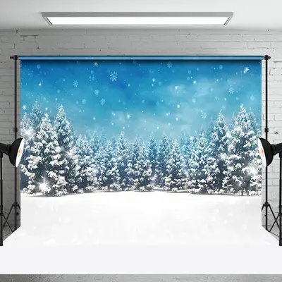 Aperturee Blue Sky Fantasy Snowy Pine Forest Winter Backdrop - Aperturee