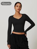 Women's Solid Long Sleeve Quick Drying Sports Tee, Casual Comfy Breathable Tight-fitting T-shirt for Yoga Gym Workout Running...