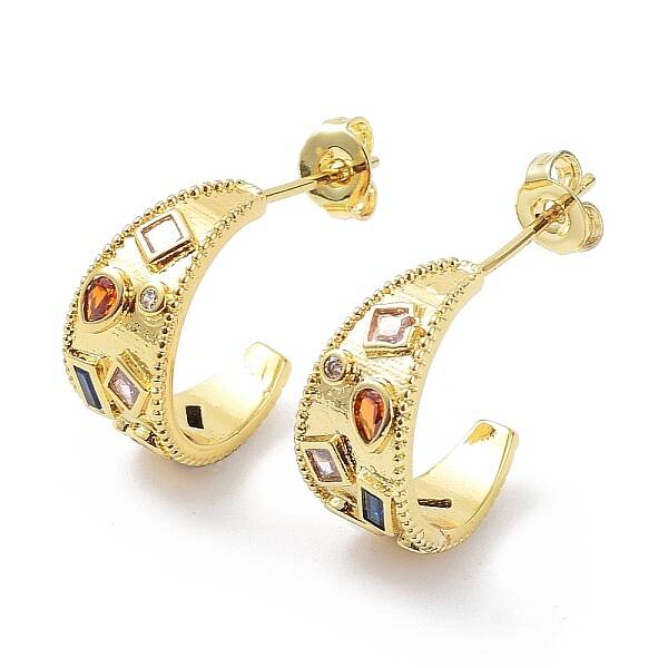 Colorful Cubic Zirconia Crescent Moon Stud Earrings