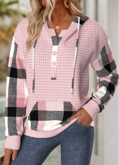 Modlily Light Pink Tummy Coverage Plaid Long Sleeve Hoodie - L