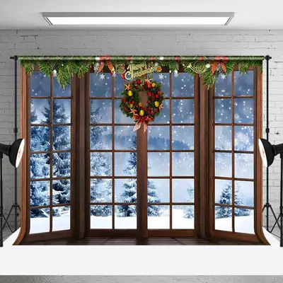 Aperturee Christmas Wreath Window Holiday Cozy Winter Backdrop - Aperturee