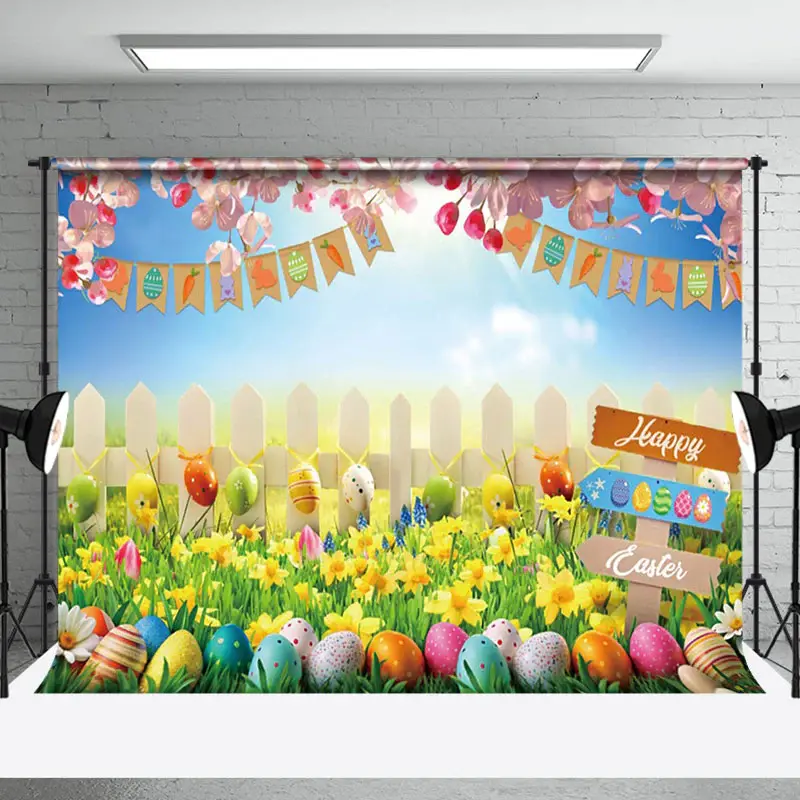 Aperturee Colorful Egg Hunt Scene Yellow Tulip Easter Backdrop | Easter Picture Backdrops | Easter Photo Background | Easter ...