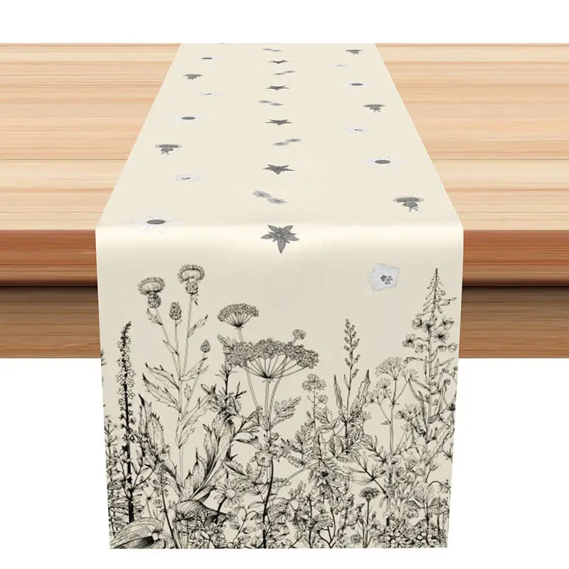 White And Black Floral Beige Dining Table Runner - Aperturee
