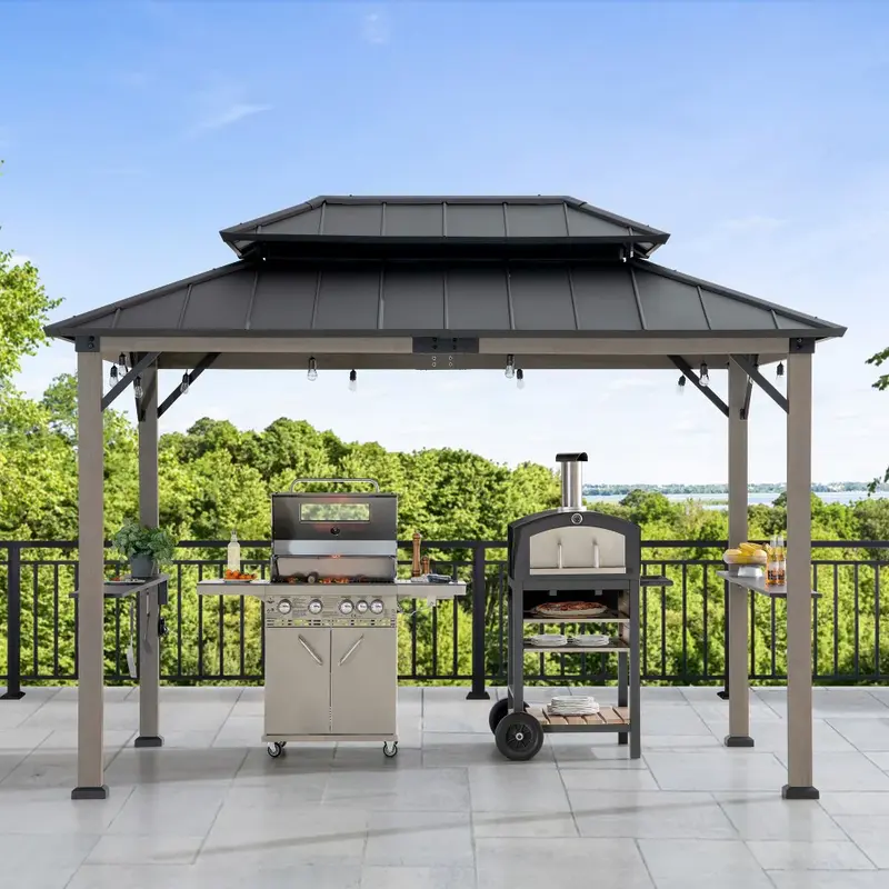 SUNJOY 8x12 Black Hardtop Grill Gazebo with Electrical Outlets and Shelves