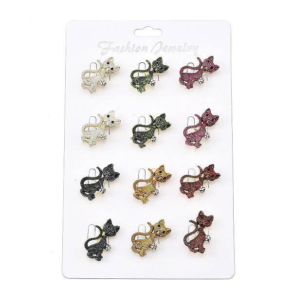 12Pcs 6 Colors Cat Baking Painted Alloy Rhinestone Brooches for Backpack Clothes