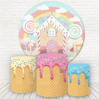 Aperturee Circle Sweet Ice Cream House Round Birthday Backdrop Kit | Birthday Backdrop Ideas | Circular Birthday Backdrop Cov...
