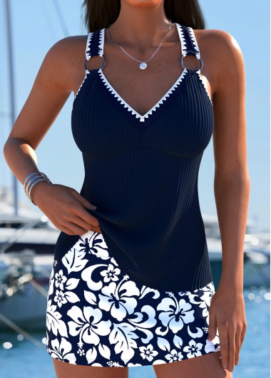 Modlily Lace Up Mid Waisted Tropical Plants Print Tankini Set - M