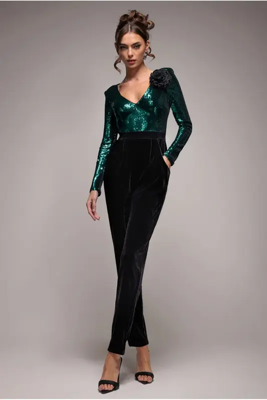 Goddiva Liquid Sequin Romper With Corsage - Emerald Green